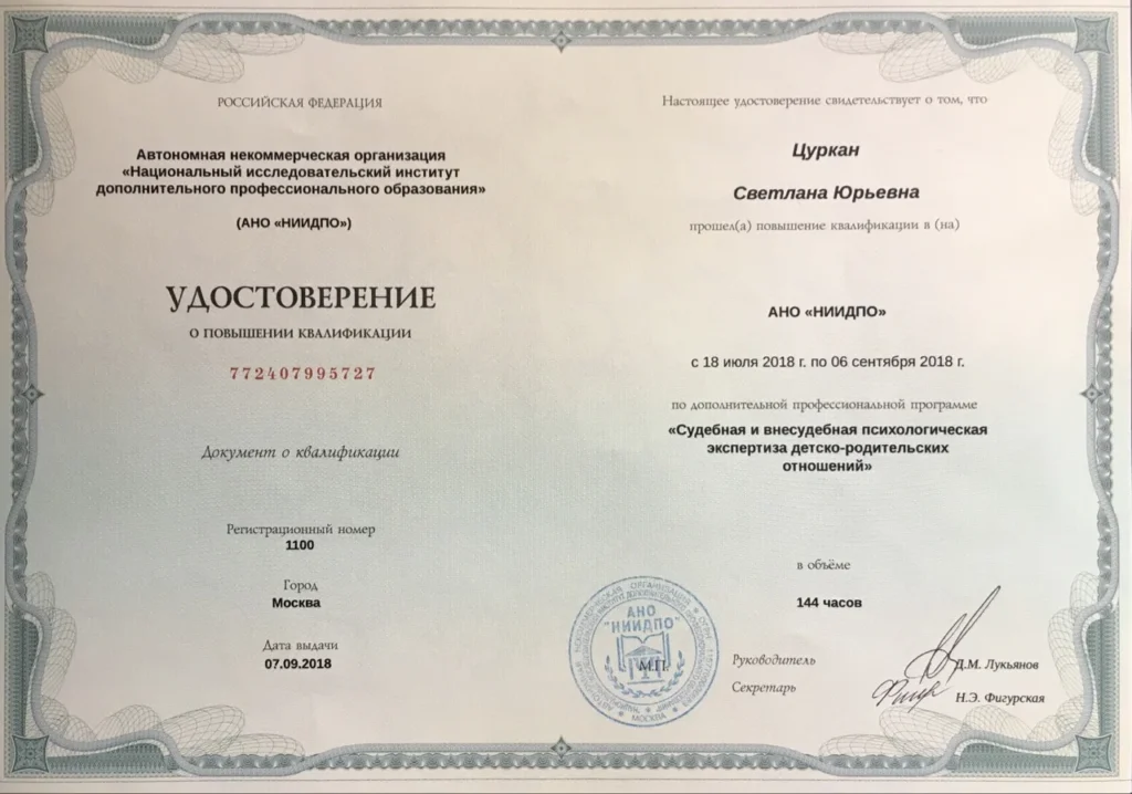 Удостоверение о повышении квалификации психолога